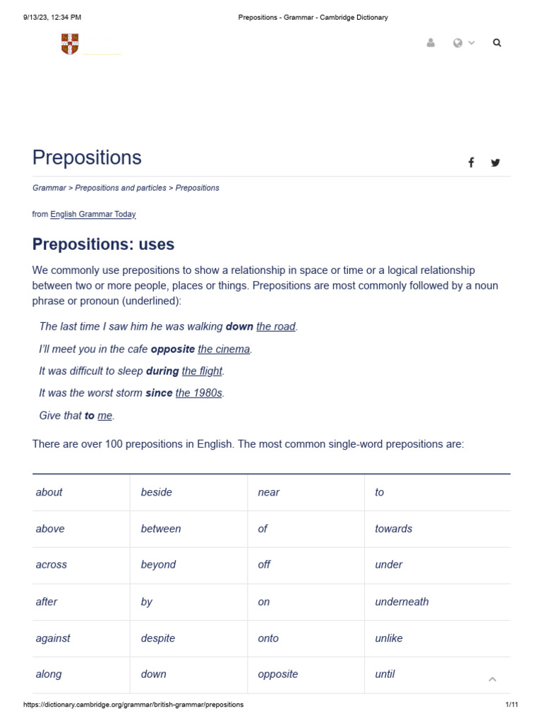Prepositions Grammar Cambridge Dictionary Download Free PDF 