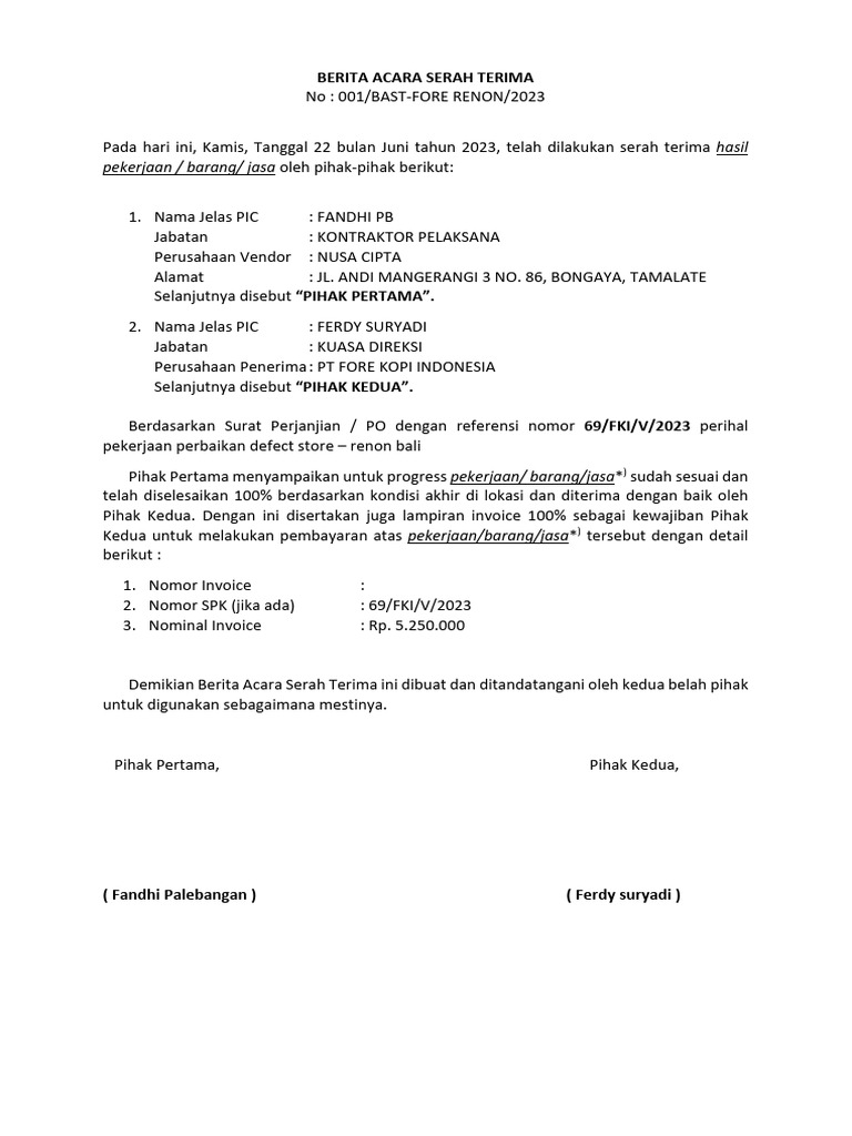 Serah Terima Pekerjaan Fore Renon | PDF | Pengelolaan Keuangan & Uang