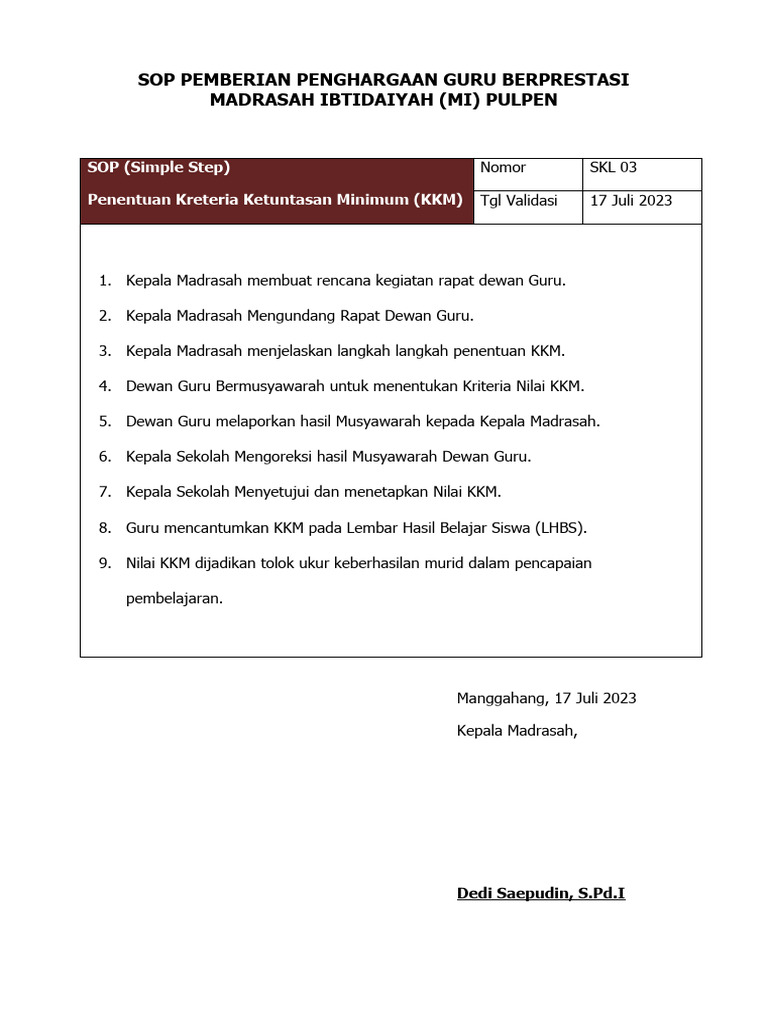 SOP Penghargaan Guru Berprestasi MI | PDF