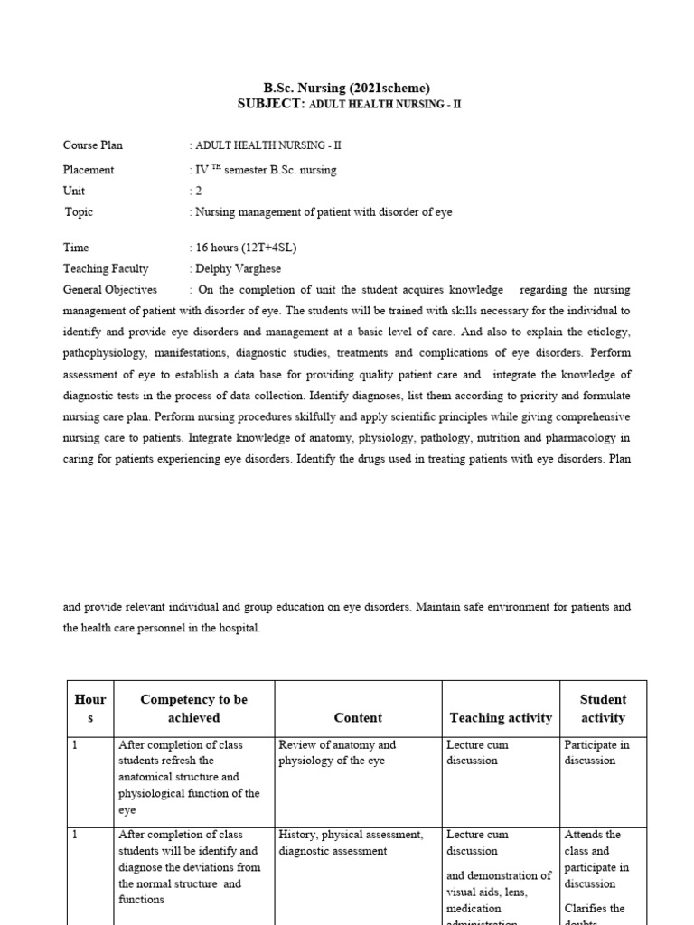 Adult Health Nursing II Course Plan | PDF | Medical Diagnosis | Nursing