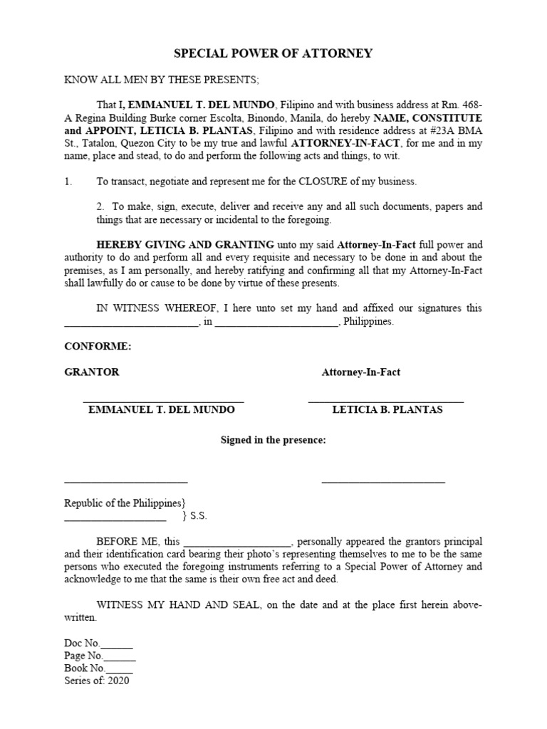 Special Power of Attorney Document | PDF | Law | Politics