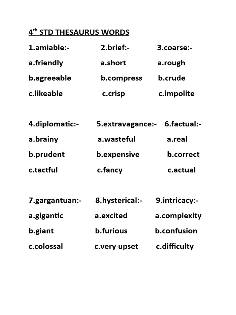 4th STD Thesaurus Words PDF