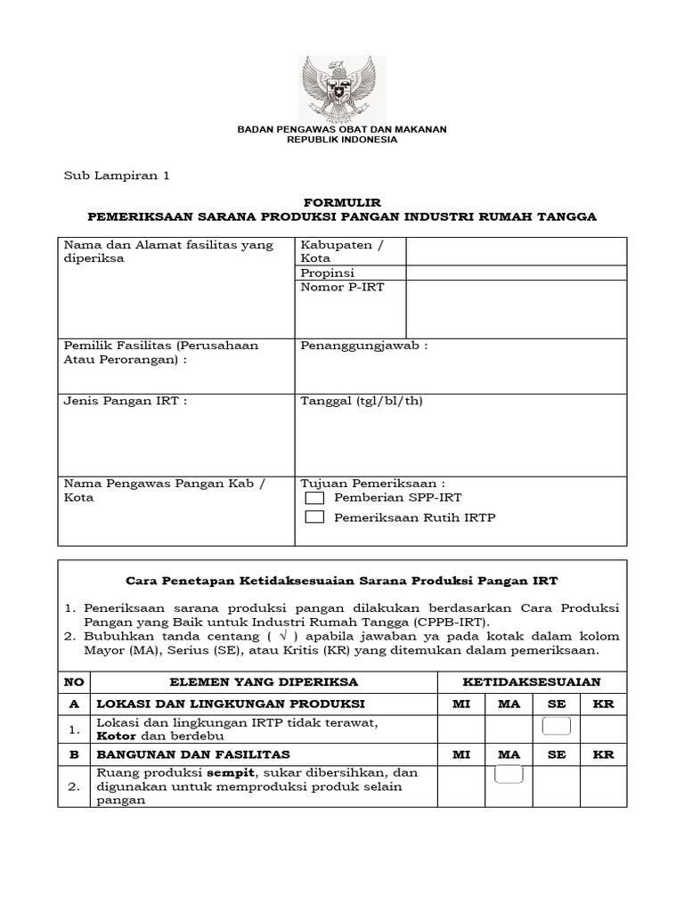 Formulir Pemeriksaan IRT Pangan | PDF | Kesehatan Holistik | Teknologi ...
