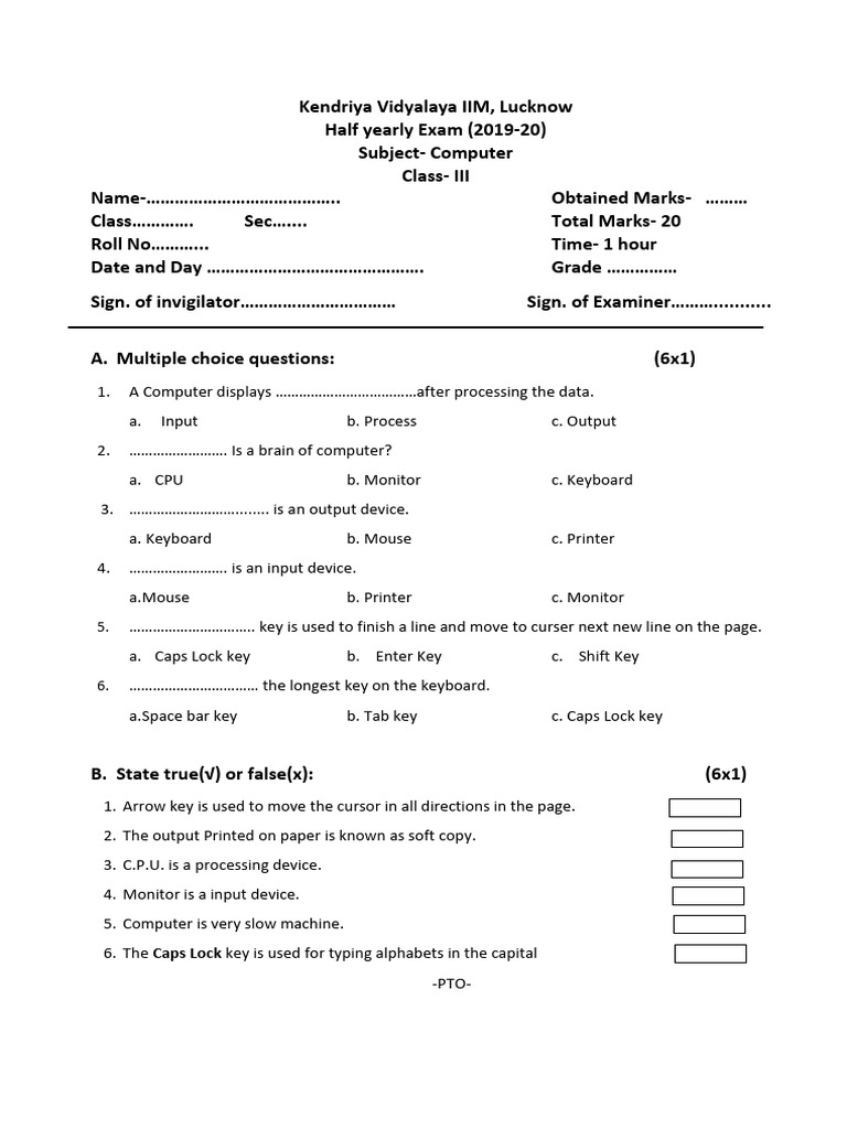 Kv class 3 half yearly previous year question paper 2019 computer pdf