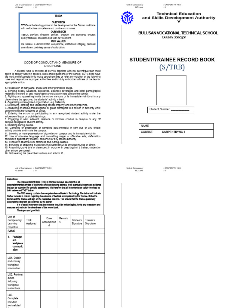 Carpentry NC II Student Record Book | PDF | Carpentry | Housekeeping