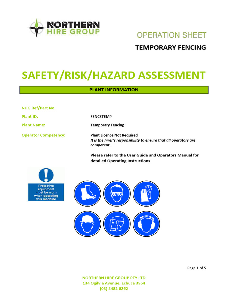 Temp Fencing Risk Assessment OPerating Instructions PDF Risk Safety