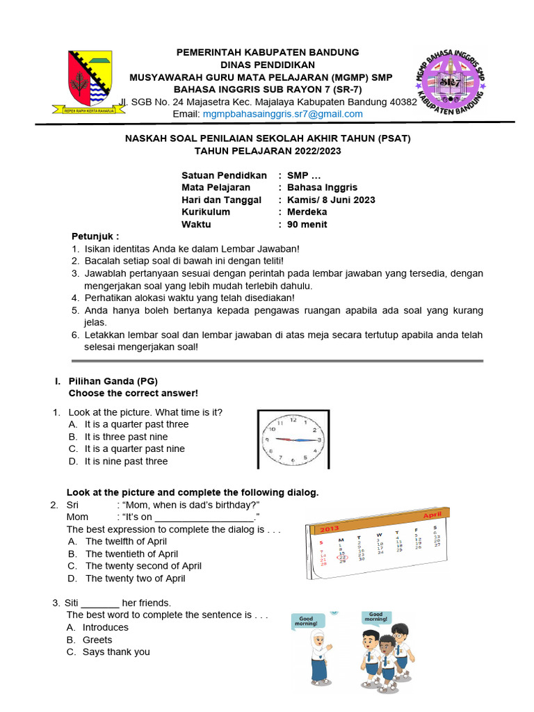 PSAT English Exam for SMP 2022/2023 | PDF | Language Arts & Discipline ...