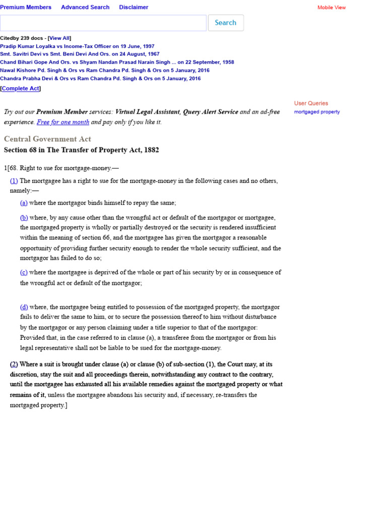 Rights of Mortgagee Under Section 68 | PDF | Mortgage Law | Debt