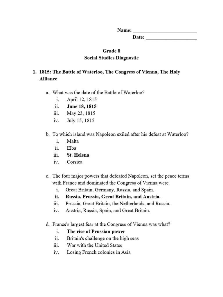 Grade 8 Social Studies Diagnostic - Answers | PDF | Kingdom Of Prussia ...