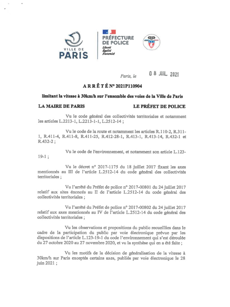 Arrêté Municipale 30KM:H Paris | PDF