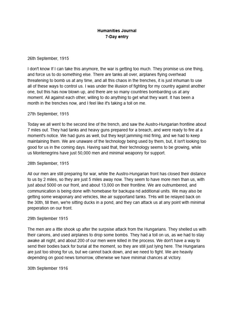 Soldier Journal Entry WW1 Sample PDF Tanks Hazards