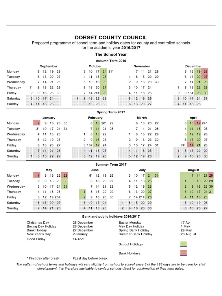Dorset Term Dates 20162017 PDF Public Holiday Holidays