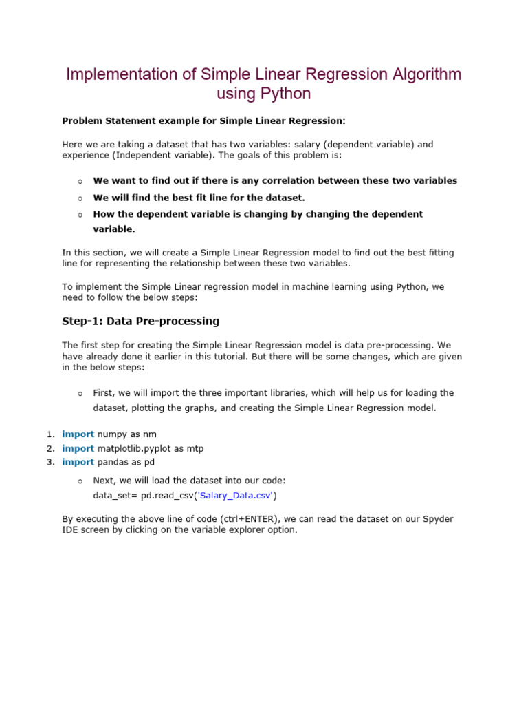 2.1 ML (Implementation of Simple Linear Regression in Python) | PDF ...