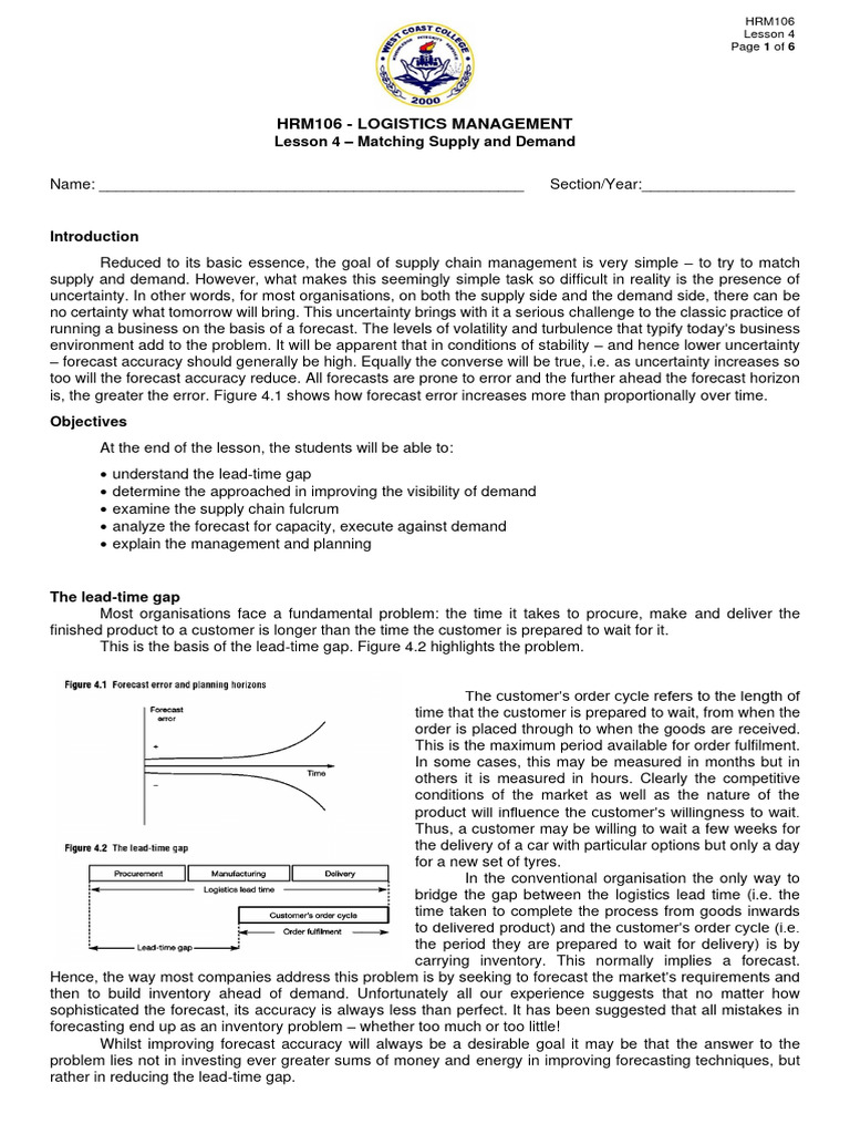 Logistics Management Lesson 4 Matching Supply and Demand PDF