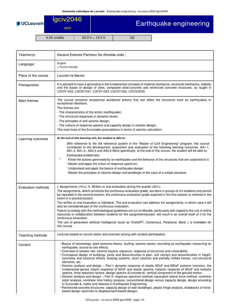 Earthquake Engineering Course at UCLouvain | PDF | Earthquake ...