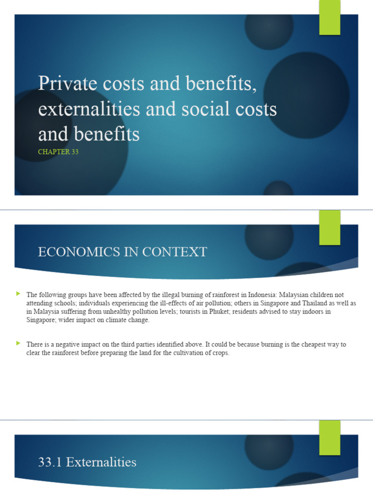 Chapter 33 Private Costs and Benefits, Externalities and Social Costs