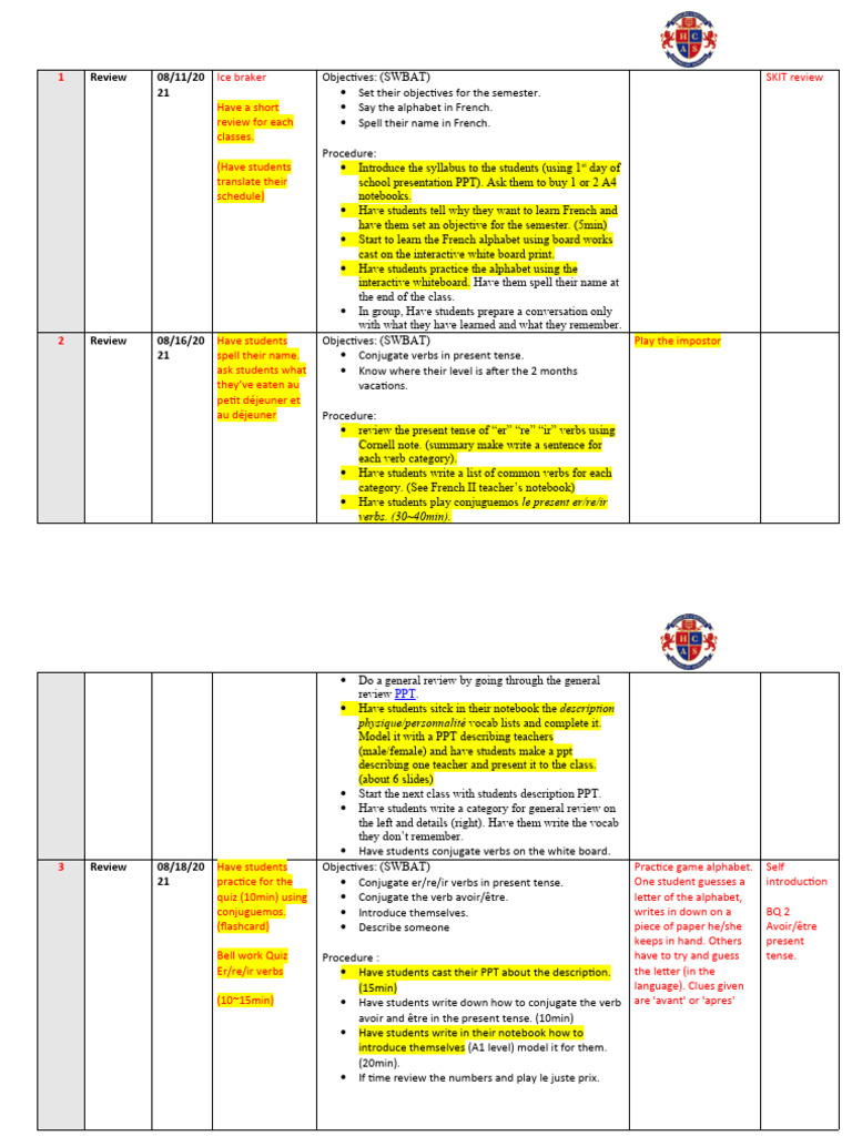 French III Lesson Plan 2021-2022 | PDF | Grammatical Tense ...