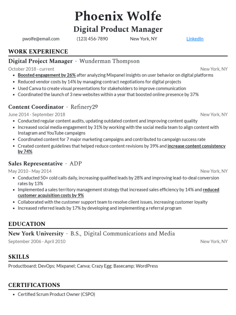 Digital Product Manager Resume Example PDF
