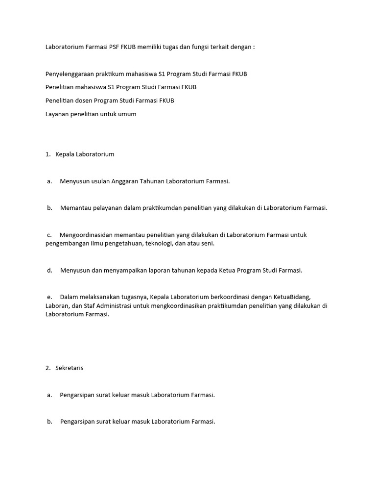 Tugas dan Fungsi Laboratorium Farmasi PSF | PDF | Sains & Matematika ...