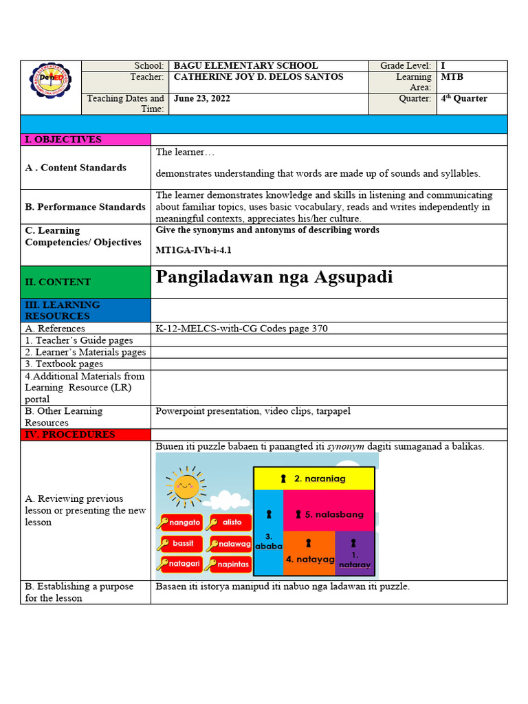 Teaching Synonyms and Antonyms in MTB | PDF | Learning | Teachers