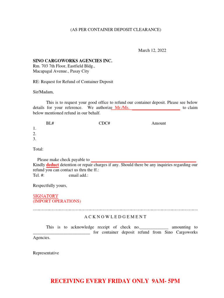 Container Deposit Refund Request Form | PDF