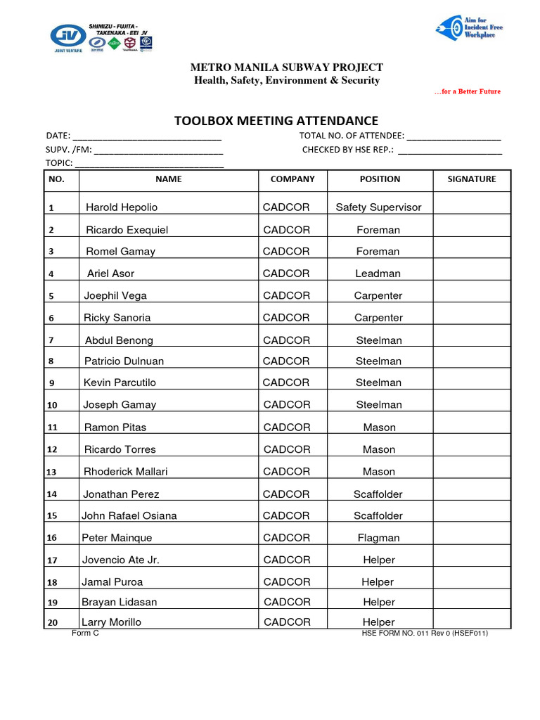 Daily Toolbox Attendance Cadcor As of Sept | PDF