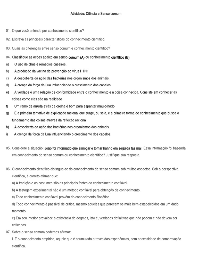 Diferenças entre Senso Comum e Ciência | PDF | Conhecimento | Science