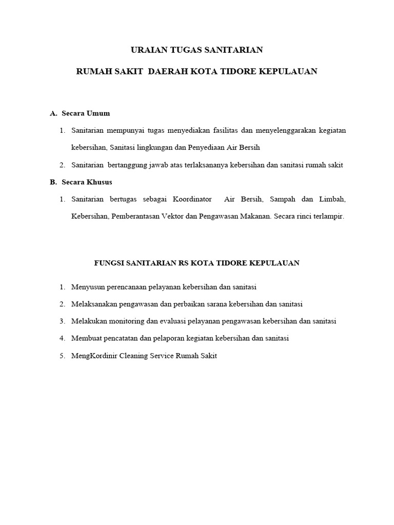 Tugas dan Fungsi Sanitarian RS Tidore | PDF | Kesehatan Holistik