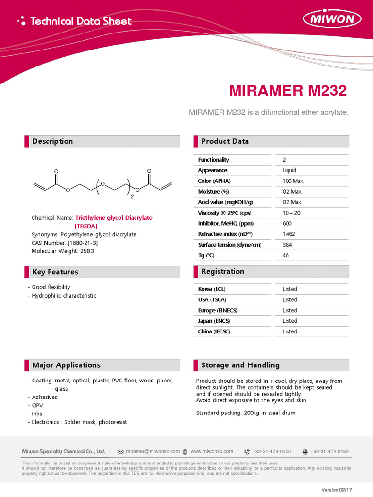 Miramer M232 TDS | PDF | Chemistry | Materials