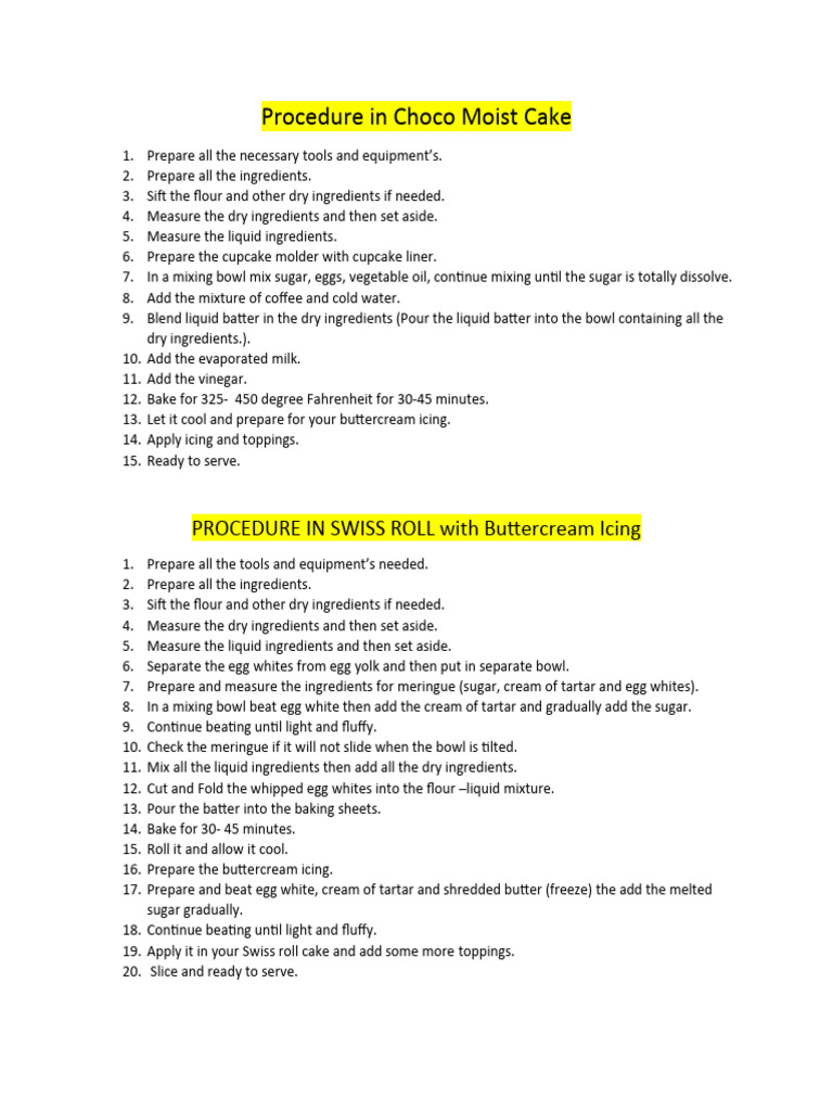 Procedure in Choco Moist Cake and Swiss Roll With Butter Cream Icing PDF
