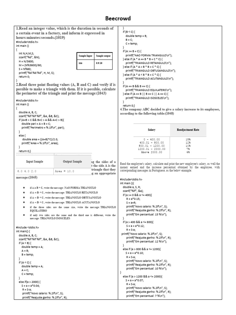 Beecrowd Beginner Problem Solutions | PDF | Computer Programming ...