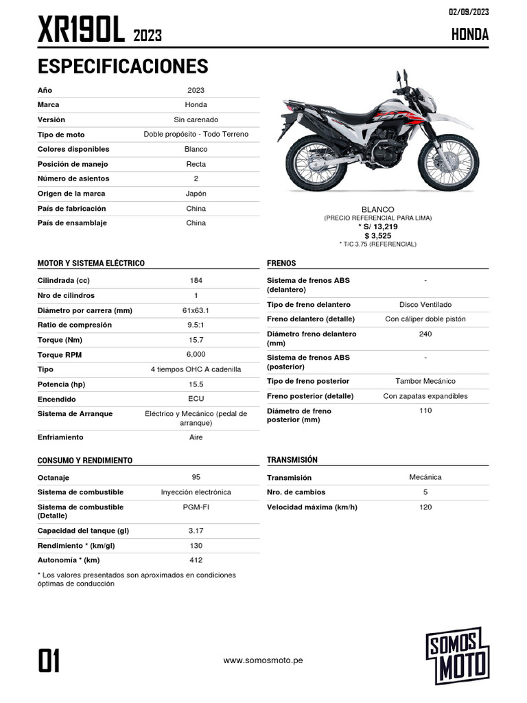Ficha Técnica Honda XR190L 2023 | PDF | Inyección de combustible ...