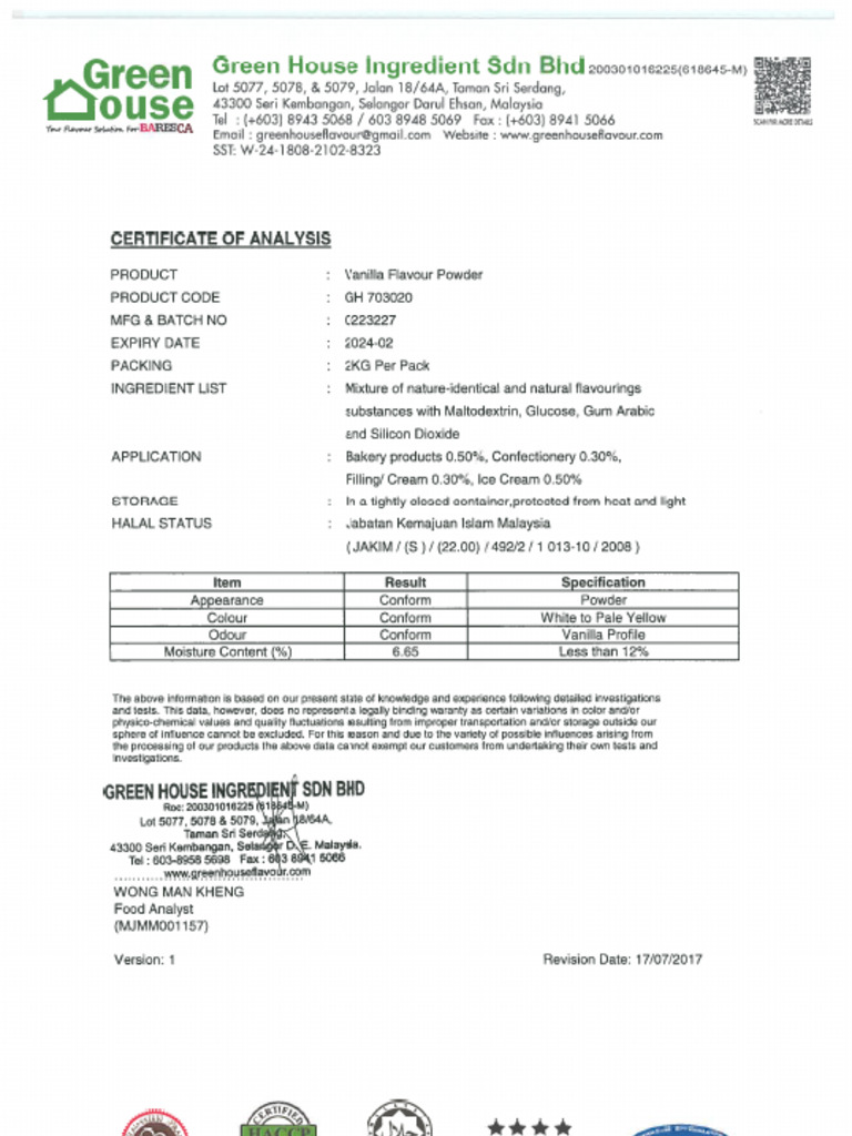 COA - Vanilla Flavour Powder GH703020 02232227 | PDF
