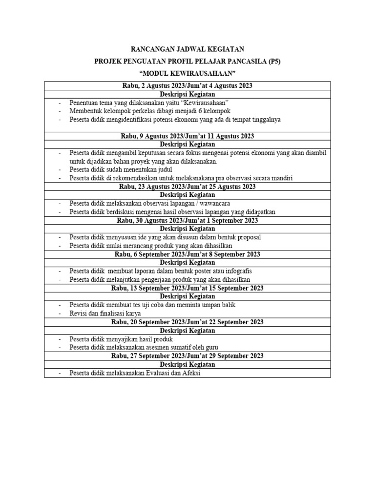 Rancangan Jadwal Kegiatan P5 Pdf