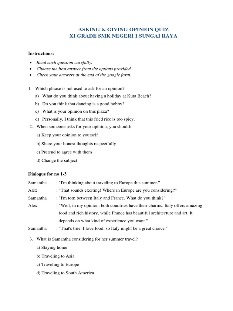 Kelas 11 Asking Giving Opinion Quiz Pdf Nonverbal Communication