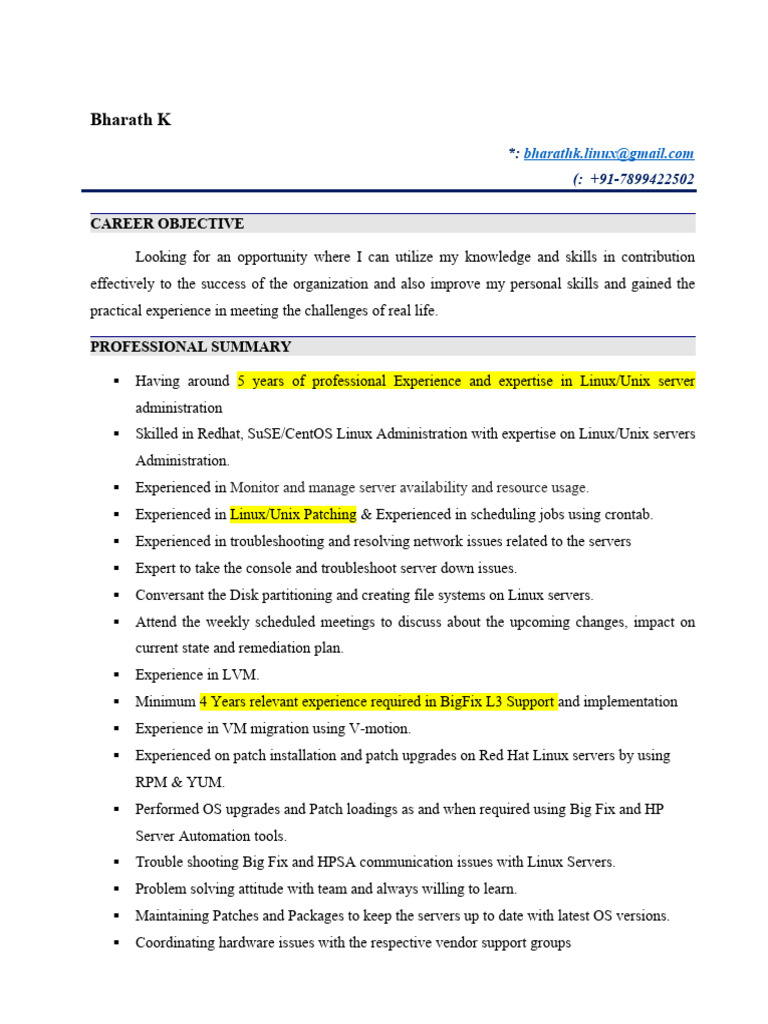 Linux Administrator Resume Summary | PDF | Computer Science | Software