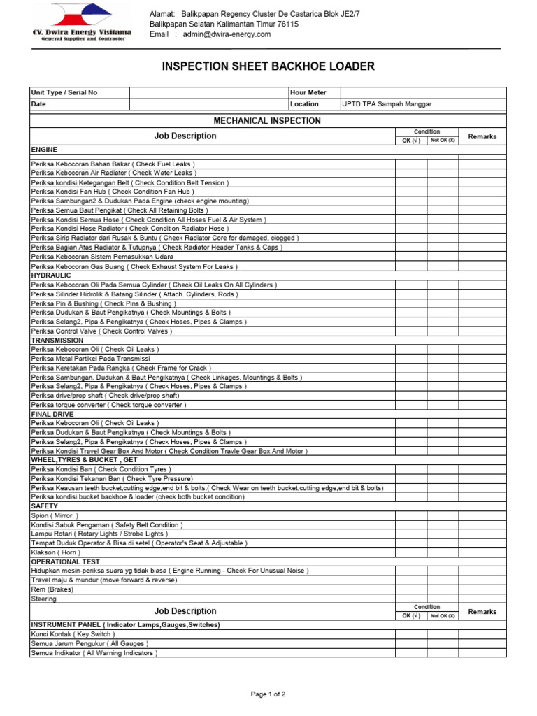 Backhoe Loader Inspection Checklist | PDF | Manufactured Goods | Vehicles