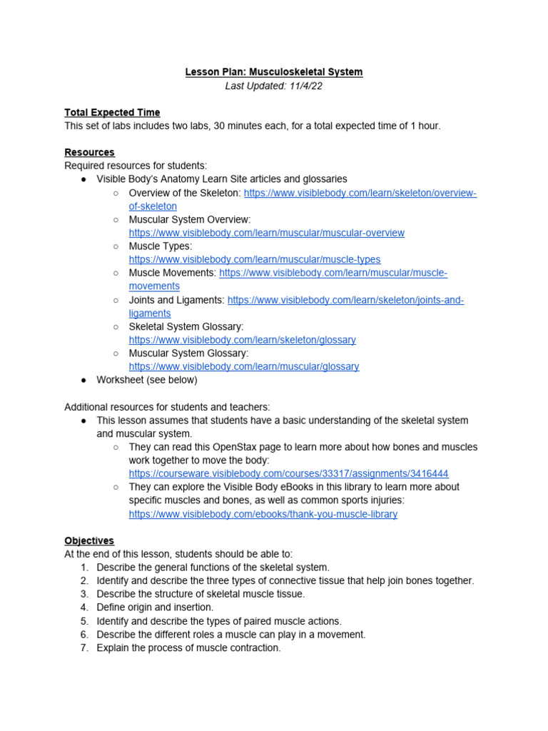 Musculoskeletal System Lesson Plan | PDF | Human Musculoskeletal System ...