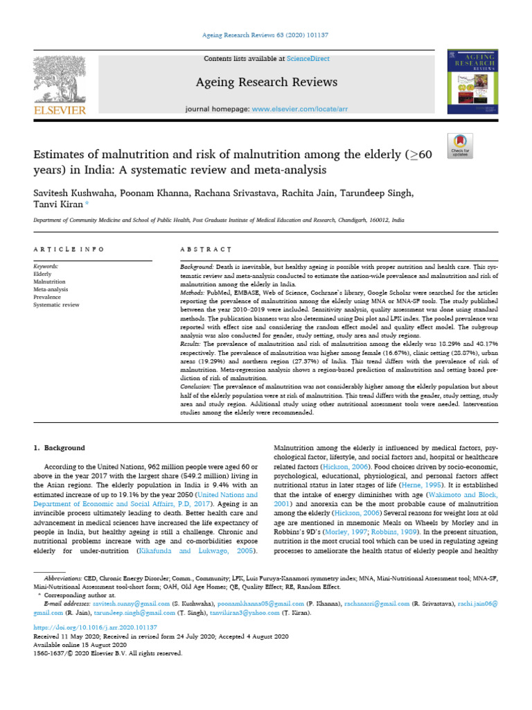 Estimates of Malnutrition and Risk of Malnutrition Among The Elderly in ...