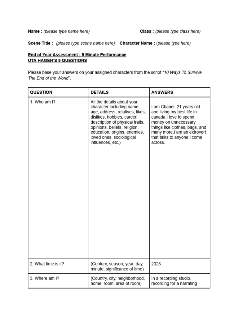 Uta Hagen's 9 Questions Worksheet | PDF | Games & Activities