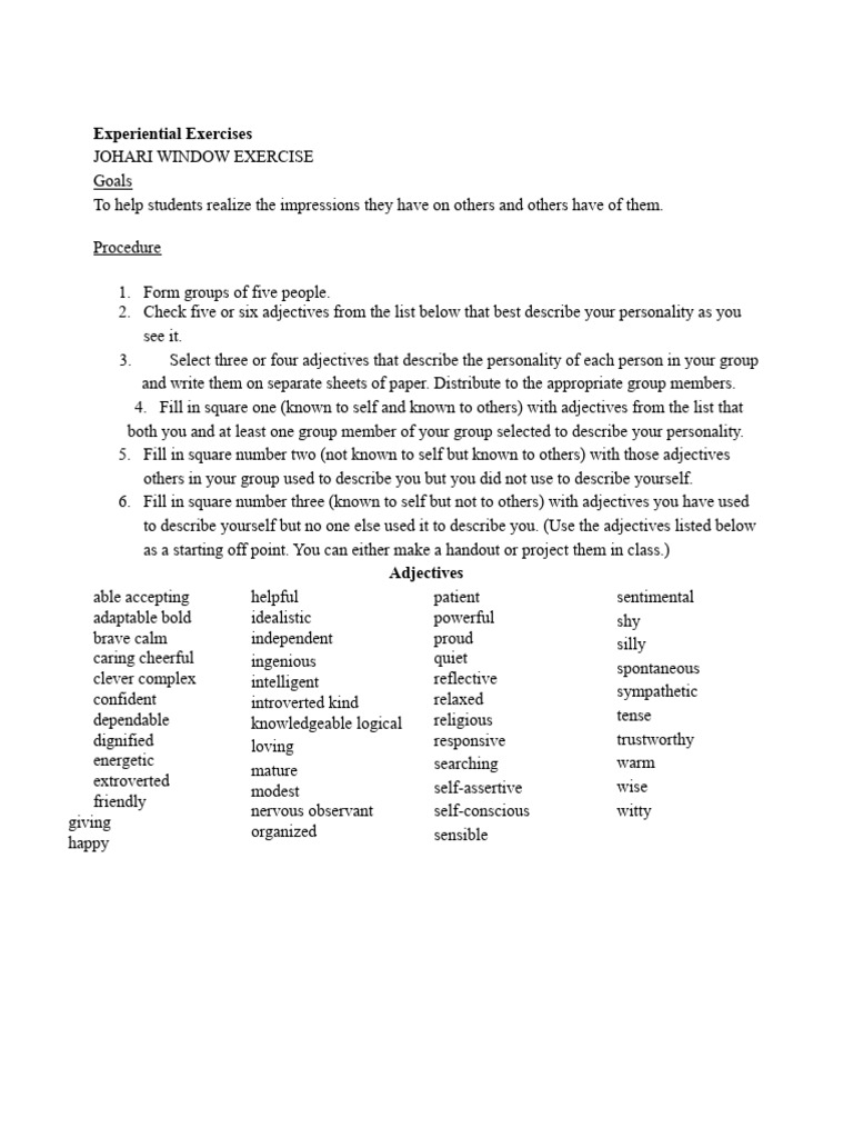 Experiential Exercises CH 5 PDF Psychology Psychological Concepts