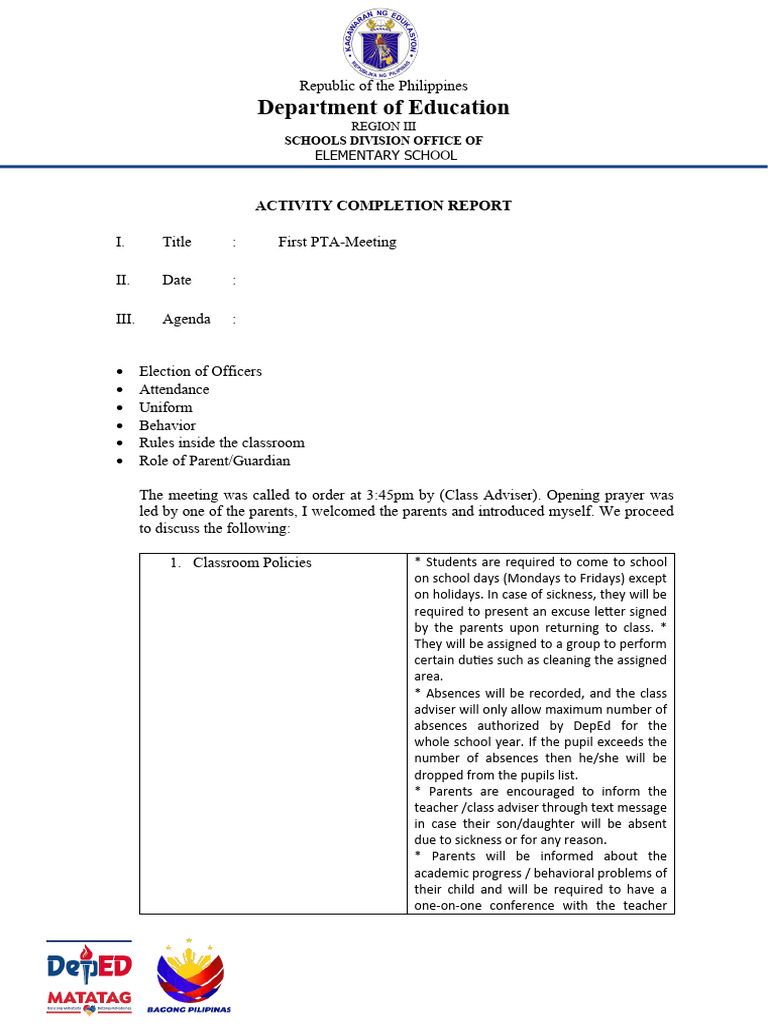 First PTA Meeting Activity Report | PDF