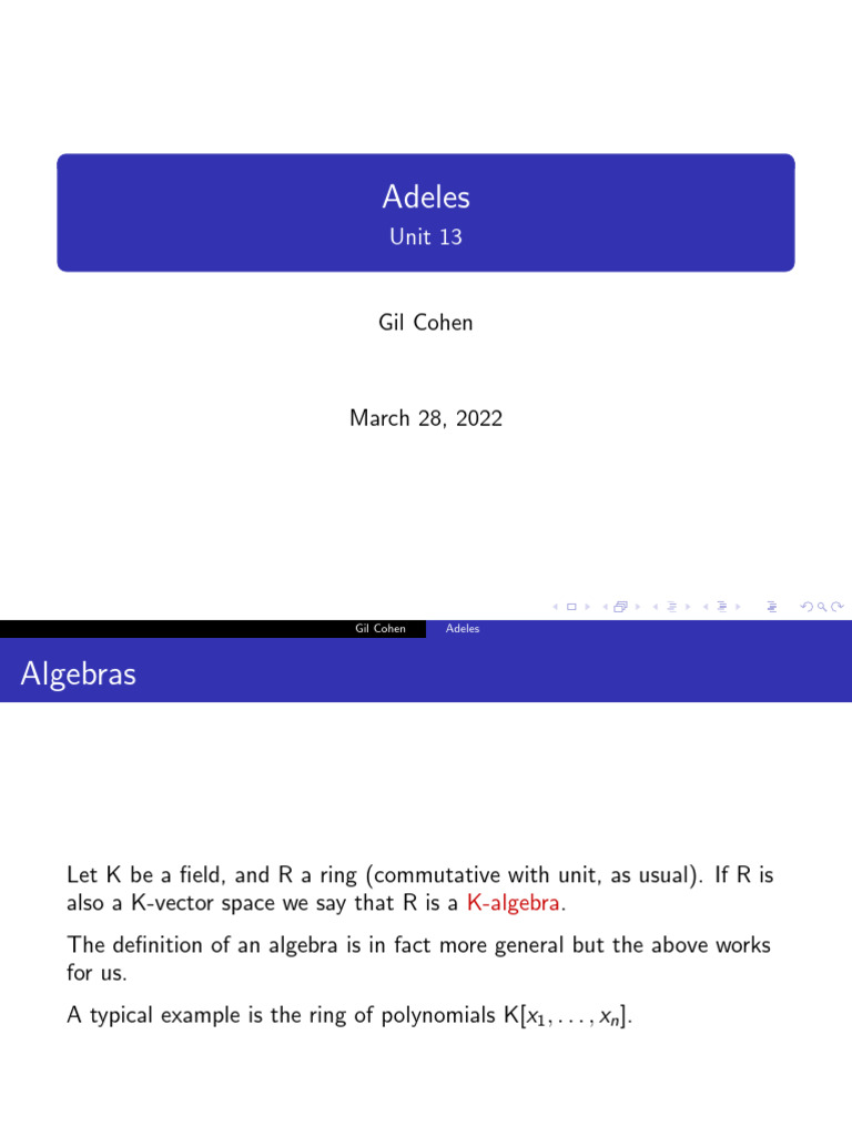 Adeles | PDF | Field (Mathematics) | Ring (Mathematics)