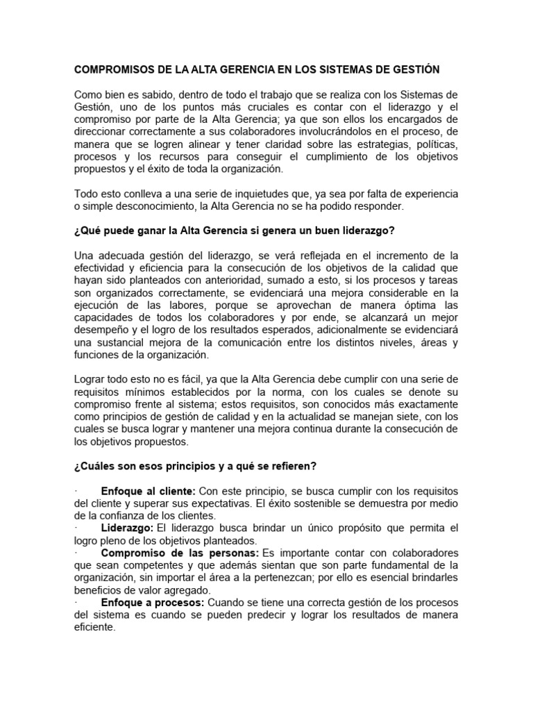 Compromiso de la Alta Gerencia en Gestión | PDF | Liderazgo | Calidad ...