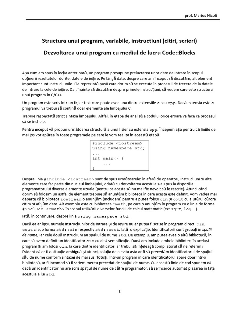 Structura Unui Program, Variabile Instructiuni (Citiri, Scrieri) | PDF