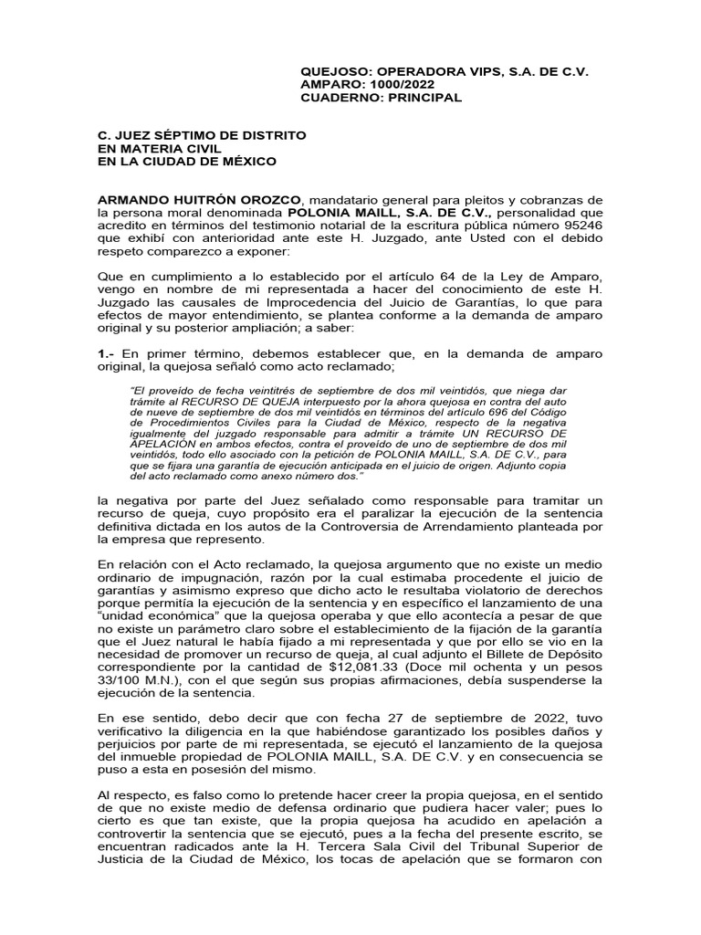 Improcedencia del Amparo 1000/2022 | PDF | Sentencia (ley) | Apelación