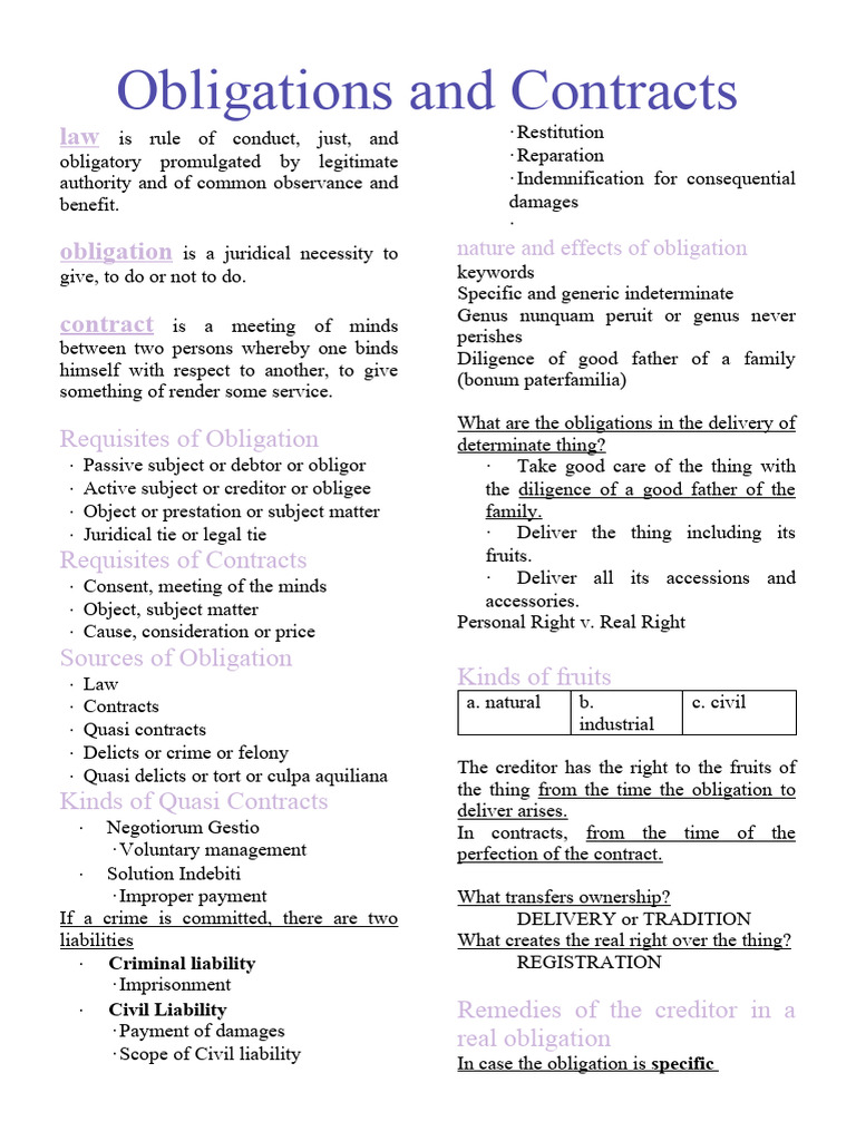 Understanding Obligations and Contracts | PDF | Payments | Law Of ...
