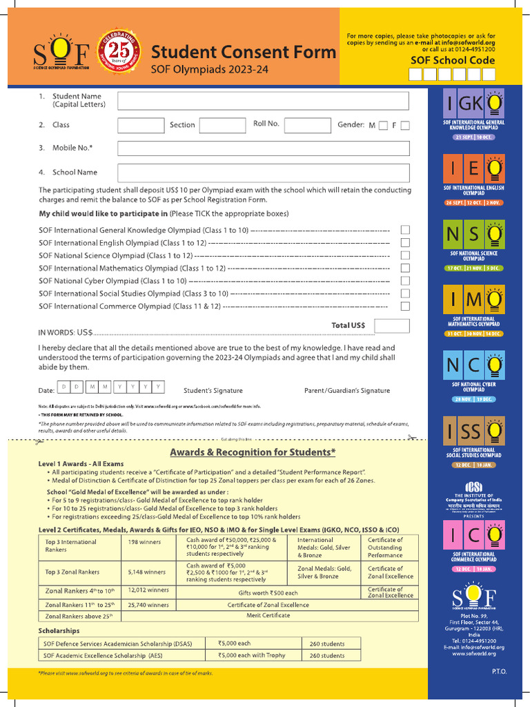 Sof Student Consent Form For Schools Outside India 2023 PDF