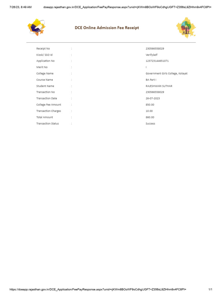 Dceapp - Rajasthan.gov - in DCE Application FeePayResponse - Aspx Unid ...