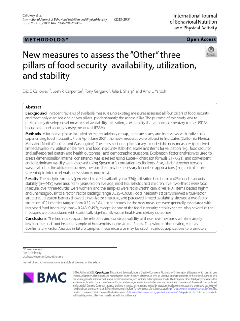 New Measures To Assess The "Other" Three Pillars of Food SecurityAvailability, Utilization, and